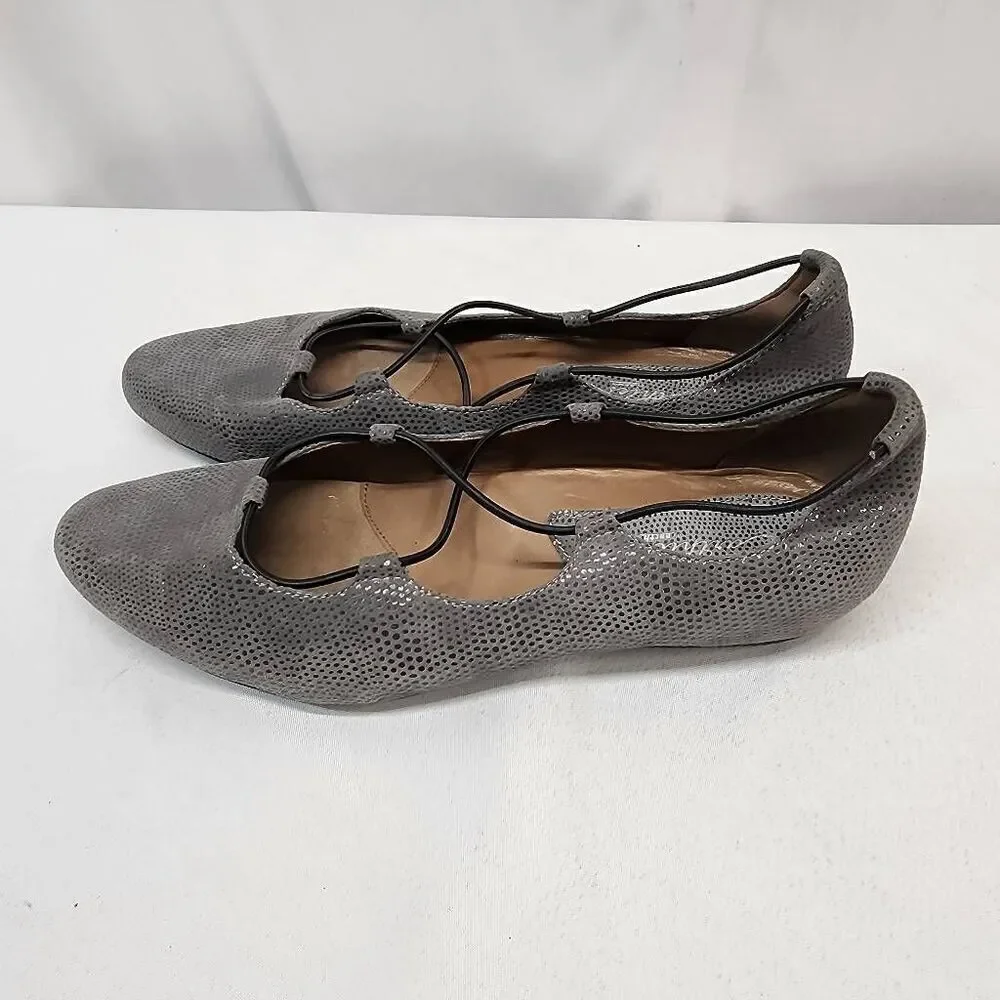 Earthies Essen Ballet Flats 12 B Cages Elastic Strap Grey Printed Suede Comfy